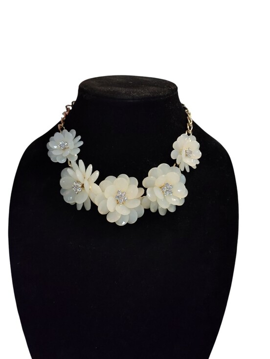 Jewelry - Cream Floral Statement Necklace with Crystal Centers